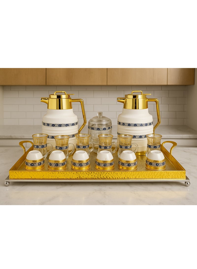 Damanhoor 22 Piece Arabic Tea and Coffee Set Elegant Gold Thermos and Glass Cups with Tray 12 Hour Heat Retention - Image 1