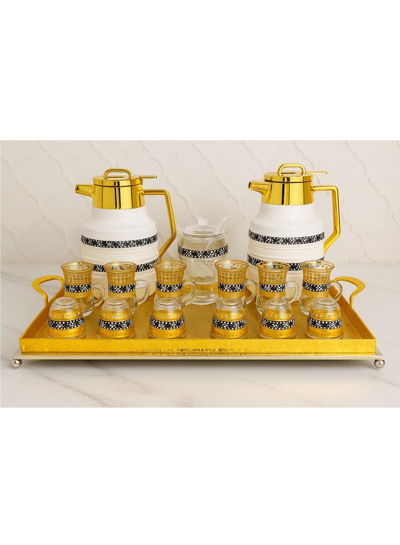 Damanhoor 22 Piece Arabic Tea and Coffee Set Elegant Gold Thermos and Glass Cups with Tray 12 Hour Heat Retention - Image 2