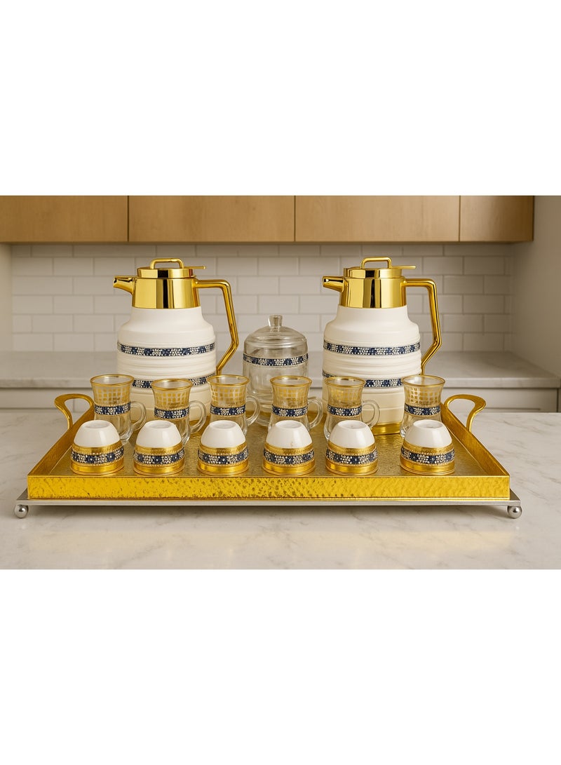 Damanhoor 22 Piece Arabic Tea and Coffee Set Elegant Gold Thermos and Glass Cups with Tray 12 Hour Heat Retention - Image 3