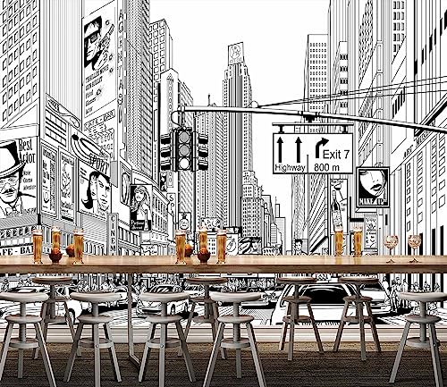 WFBHUA-Black and White New York City Wallpaper Hand Painted Times Square Wall Mural Decoration for Living Room Bedroom Offices(Not Peel and Stick) - Image 2