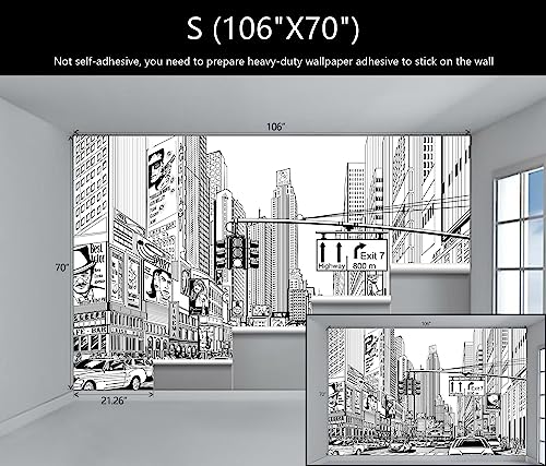 WFBHUA-Black and White New York City Wallpaper Hand Painted Times Square Wall Mural Decoration for Living Room Bedroom Offices(Not Peel and Stick) - Image 4