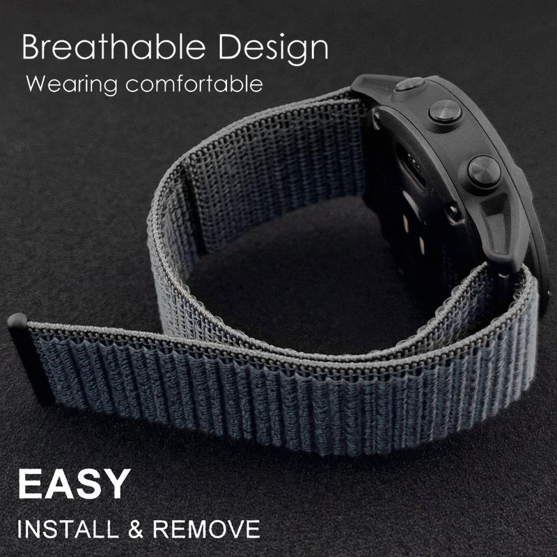 Abanen Hook and Loop Quick Dry Watch Band for Fenix 8 / epix Pro/Fenix 7/6/5 (47mm), 22mm Woven Nylon Ultralight Sport Wristband Strap for Garmin Instinct 2, Instinct 3 45mm (Black Grey) - Image 5