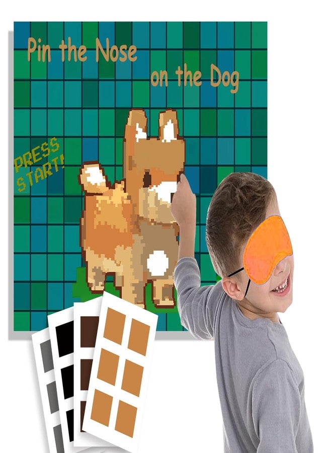 Badeauwald Pixel Party Favors , Pin the Nose on the Dog Pixel Art Pin the Tail Game. Video Game Party Supplies, Big 157g Copperplate Paper, Elastic Blindfolds, Stickers All Edge Cut Video Game Birthday Party. - Image 1