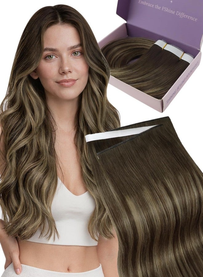 فشاين وصلات شعر Fshine اللاصقة، شعر بشري طبيعي، وصلات شعر Genius PU طويلة، لون بني متوسط مع خصلات شقراء فاتحة، طول 24 بوصة، وزن 50 غرام، مثالية لإطلالات النساء اليومية أو المناسبات. - Image 1