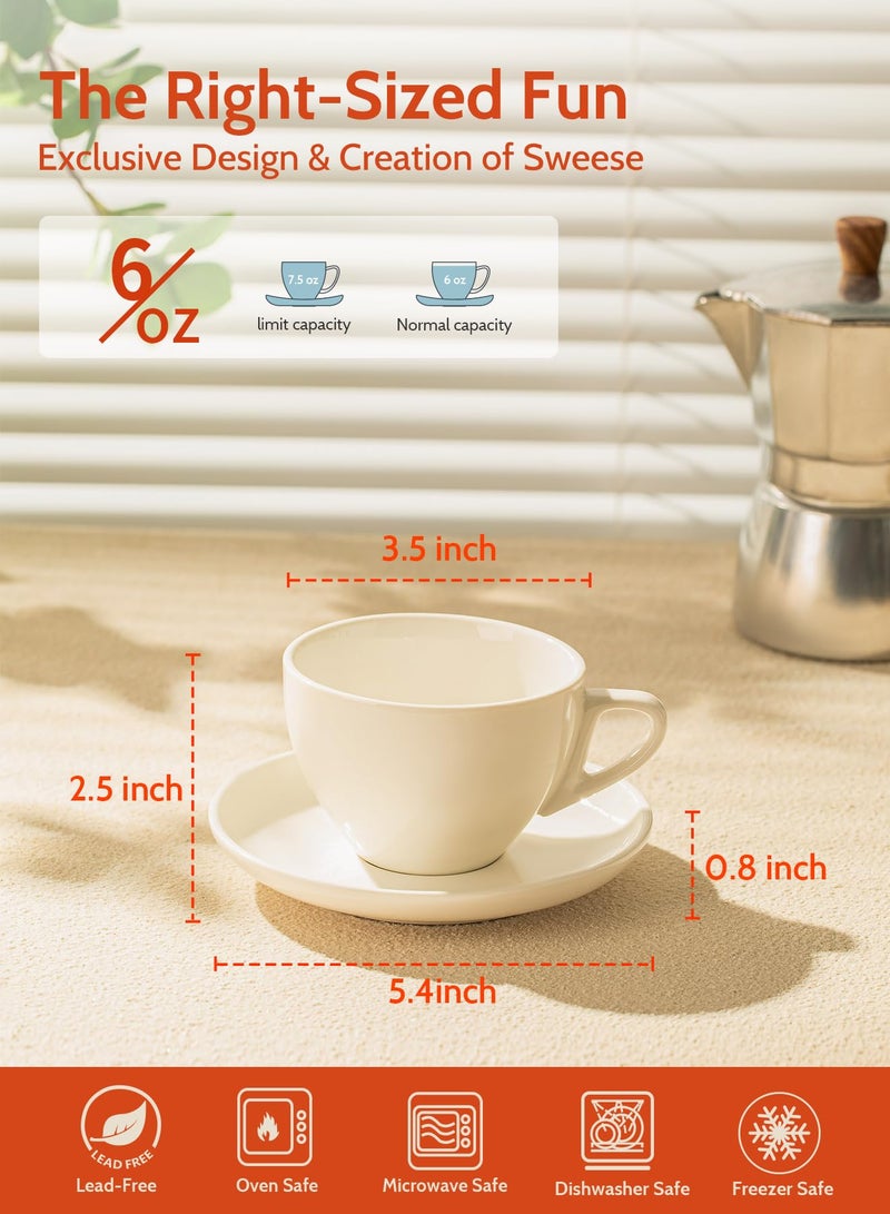 Sweese 6 Ounce Cappuccino Cups with Saucers, Porcelain Double Espresso Cups Set of 6 - White - Image 2