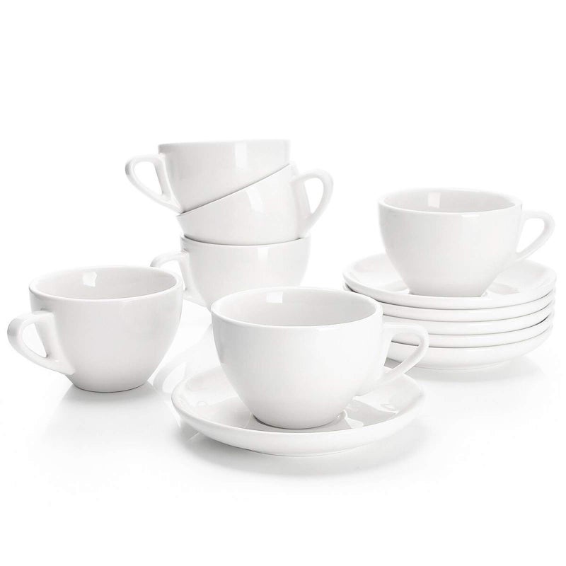 Sweese 6 Ounce Cappuccino Cups with Saucers, Porcelain Double Espresso Cups Set of 6 - White - Image 1