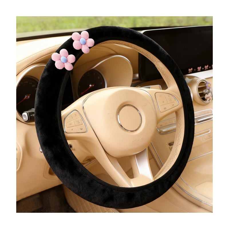 Ywdiml Car Flower Elastic Steering Wheel Cover 14515 Plush Soft Fluffy Stretch Vehicle Steering Wheel Protector Cute Warm Auto Interior Decor Accessories Universal for Truck SUV Van Pink - Image 3