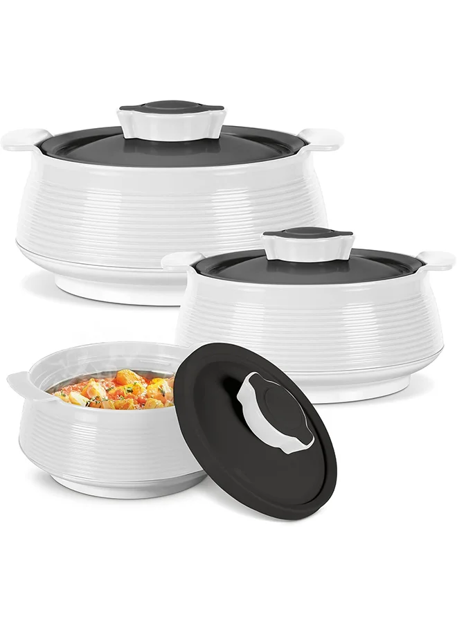 Milton 3-Piece Casserole Set (850ml, 1.35L, 1.85L) Double-Walled Hotpot with PU Insulation & Stainless Steel Inner, Keeps Food Hot/Cold, Perfect for Serving Chapati, Roti - Venice Reg - Micro White