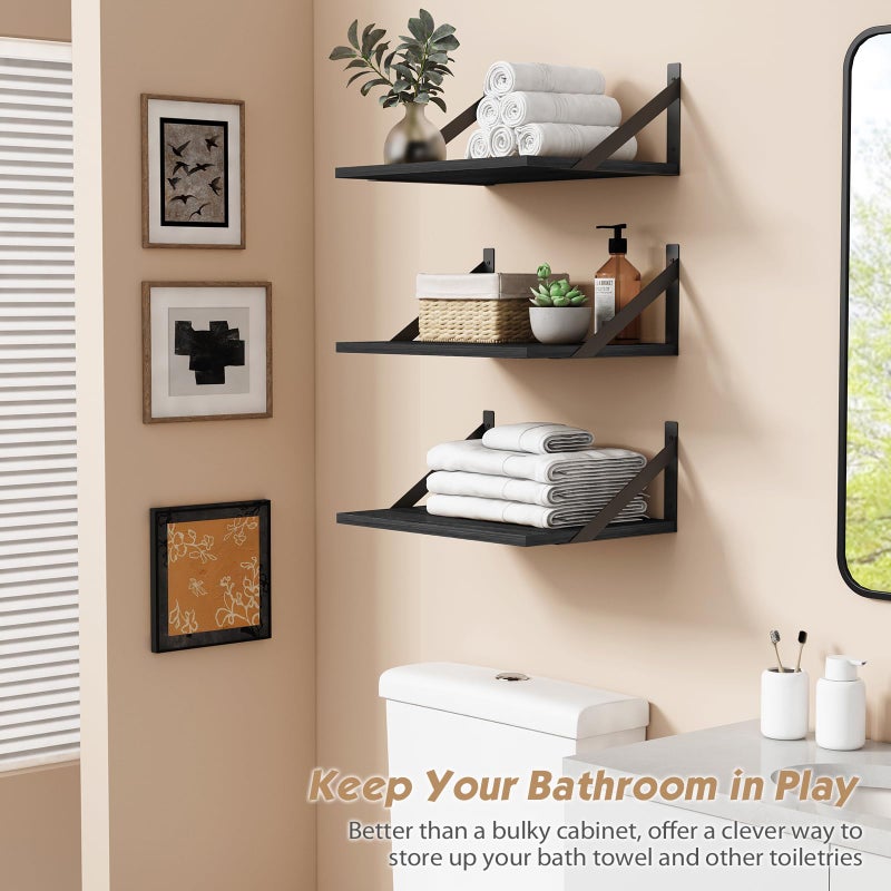 Forbena 12 Inch Deep Floating Shelves for Wall, Wide Black Wall Mounted Shelves for Bedroom Office Books Plants, Large Hanging Shelf for Living Room Bathroom Kitchen Closet Pantry Storage (3-Pack) - Image 3
