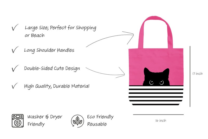 CurryFerry Cute Kitty Tote Bag - Cat Mom Gift - Reusable Canvas Bag - Birthday Bag - Large Book Tote (Fuchsia Cat) - Image 5