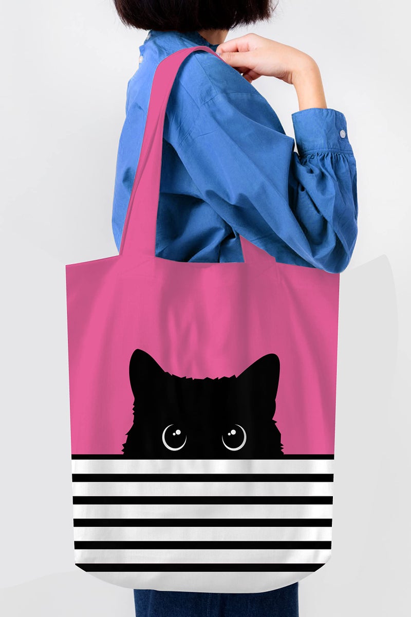 CurryFerry Cute Kitty Tote Bag - Cat Mom Gift - Reusable Canvas Bag - Birthday Bag - Large Book Tote (Fuchsia Cat) - Image 3
