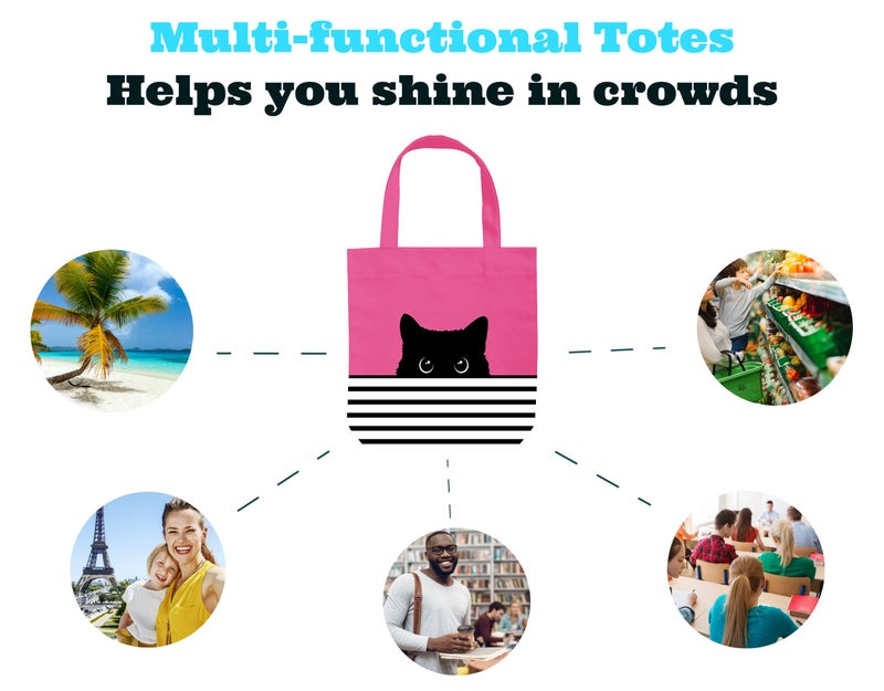 CurryFerry Cute Kitty Tote Bag - Cat Mom Gift - Reusable Canvas Bag - Birthday Bag - Large Book Tote (Fuchsia Cat) - Image 4