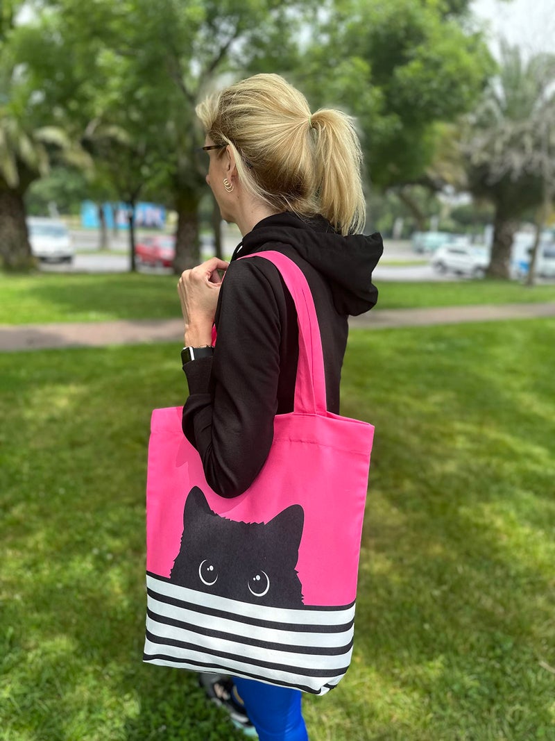CurryFerry Cute Kitty Tote Bag - Cat Mom Gift - Reusable Canvas Bag - Birthday Bag - Large Book Tote (Fuchsia Cat) - Image 2