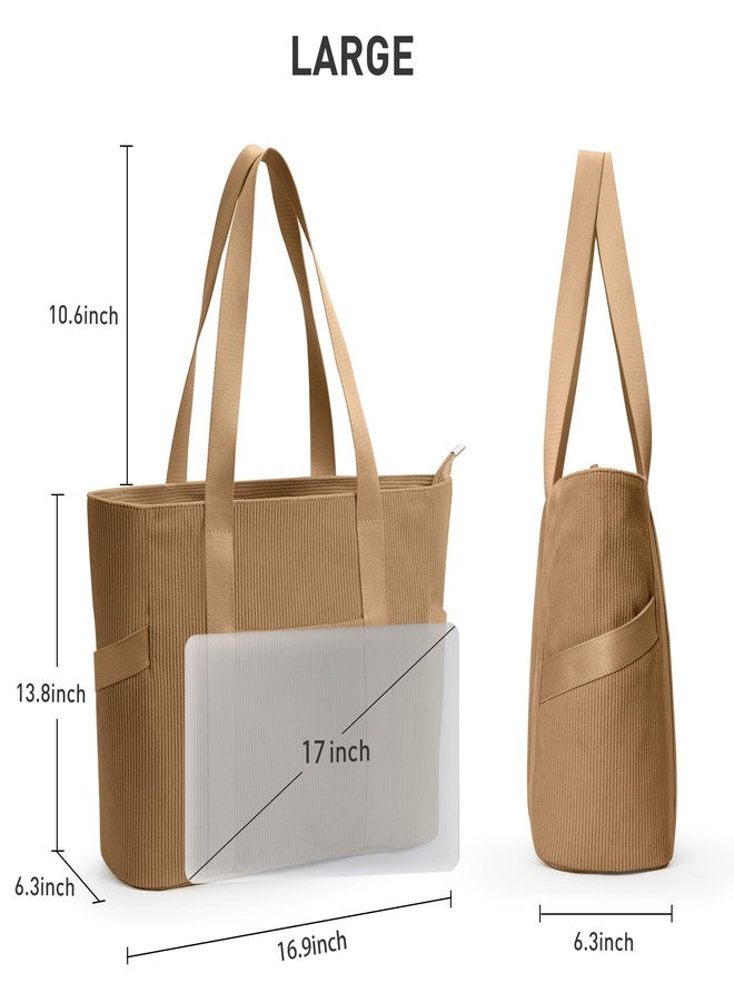 DIXEIGHT Large Tote Bag for Women Work Travel Everyday Shoulder Purse with Zipper, Corduroy Hobo Handbag for School Nurse, L-brown-fits 15.6" Laptop, Large - Image 4