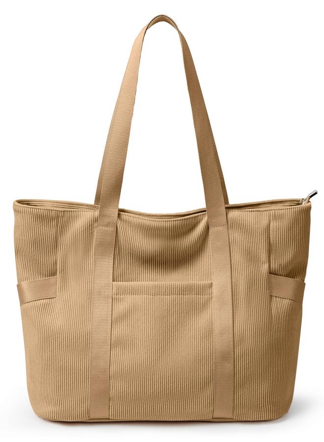 DIXEIGHT Large Tote Bag for Women Work Travel Everyday Shoulder Purse with Zipper, Corduroy Hobo Handbag for School Nurse, L-brown-fits 15.6" Laptop, Large - Image 1