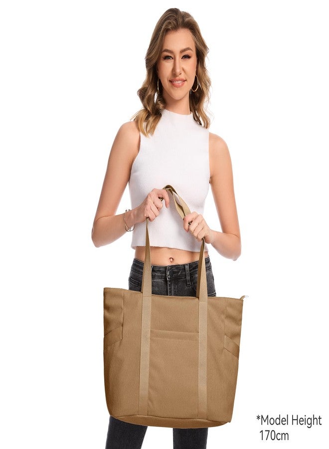 DIXEIGHT Large Tote Bag for Women Work Travel Everyday Shoulder Purse with Zipper, Corduroy Hobo Handbag for School Nurse, L-brown-fits 15.6" Laptop, Large - Image 3
