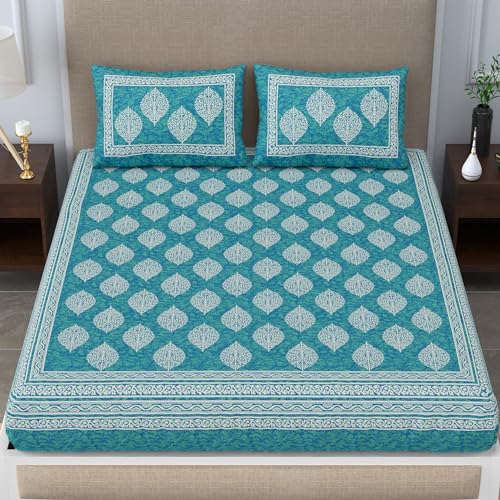 SheetKart 144 TC Cotton Printed Jaipuri Bedsheet Double Bed with 2 Pillow Covers, Sea Green, 144-200 tc - Image 3