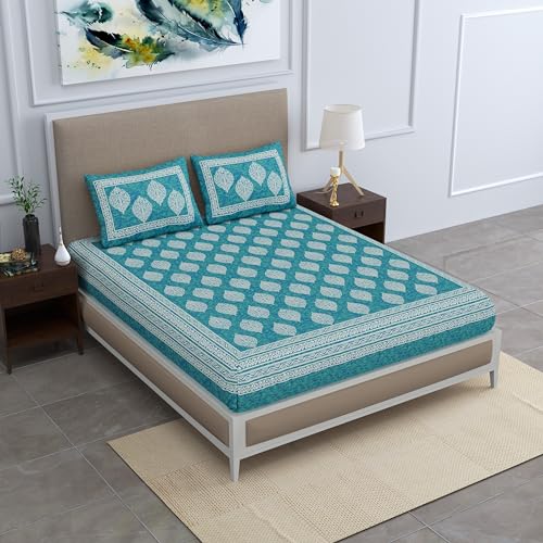 SheetKart 144 TC Cotton Printed Jaipuri Bedsheet Double Bed with 2 Pillow Covers, Sea Green, 144-200 tc - Image 5