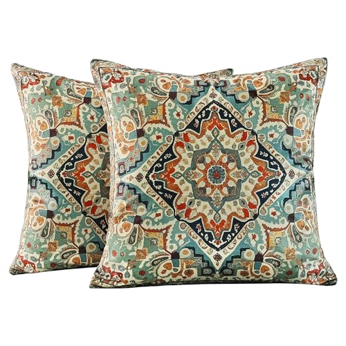 QoBexim Boho Soft Velvet Throw Pillow Covers 18x18 in Vintage Moroccan Rug Tribal Pattern Pillowcases, Antique Ethnic Decor, Geometric Pattern Cushion Cover for Sofa, Living Room, Blue, 2 Pack - Image 1