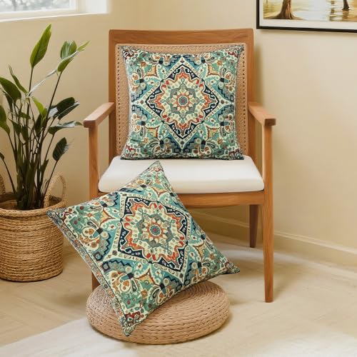 QoBexim Boho Soft Velvet Throw Pillow Covers 18x18 in Vintage Moroccan Rug Tribal Pattern Pillowcases, Antique Ethnic Decor, Geometric Pattern Cushion Cover for Sofa, Living Room, Blue, 2 Pack - Image 5