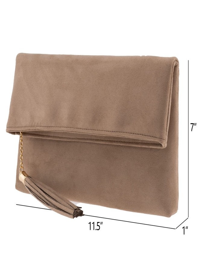 JNB Faux Micro Suede Fold Over Clutch Purse with Zipper Pocket Crossbody Chain Evening Bag, Taupe - Image 3
