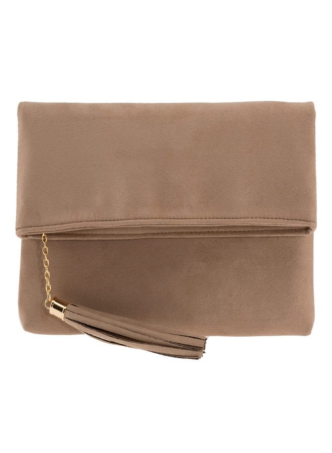 JNB Faux Micro Suede Fold Over Clutch Purse with Zipper Pocket Crossbody Chain Evening Bag, Taupe - Image 1