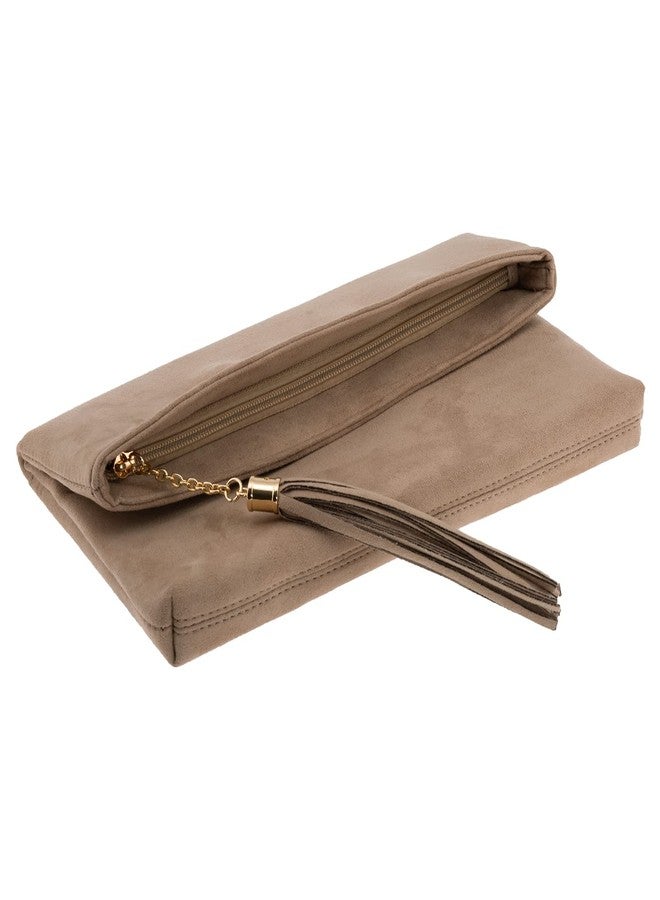 JNB Faux Micro Suede Fold Over Clutch Purse with Zipper Pocket Crossbody Chain Evening Bag, Taupe - Image 4
