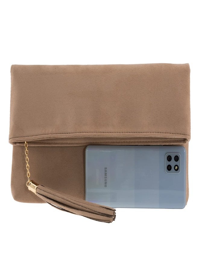 JNB Faux Micro Suede Fold Over Clutch Purse with Zipper Pocket Crossbody Chain Evening Bag, Taupe - Image 5