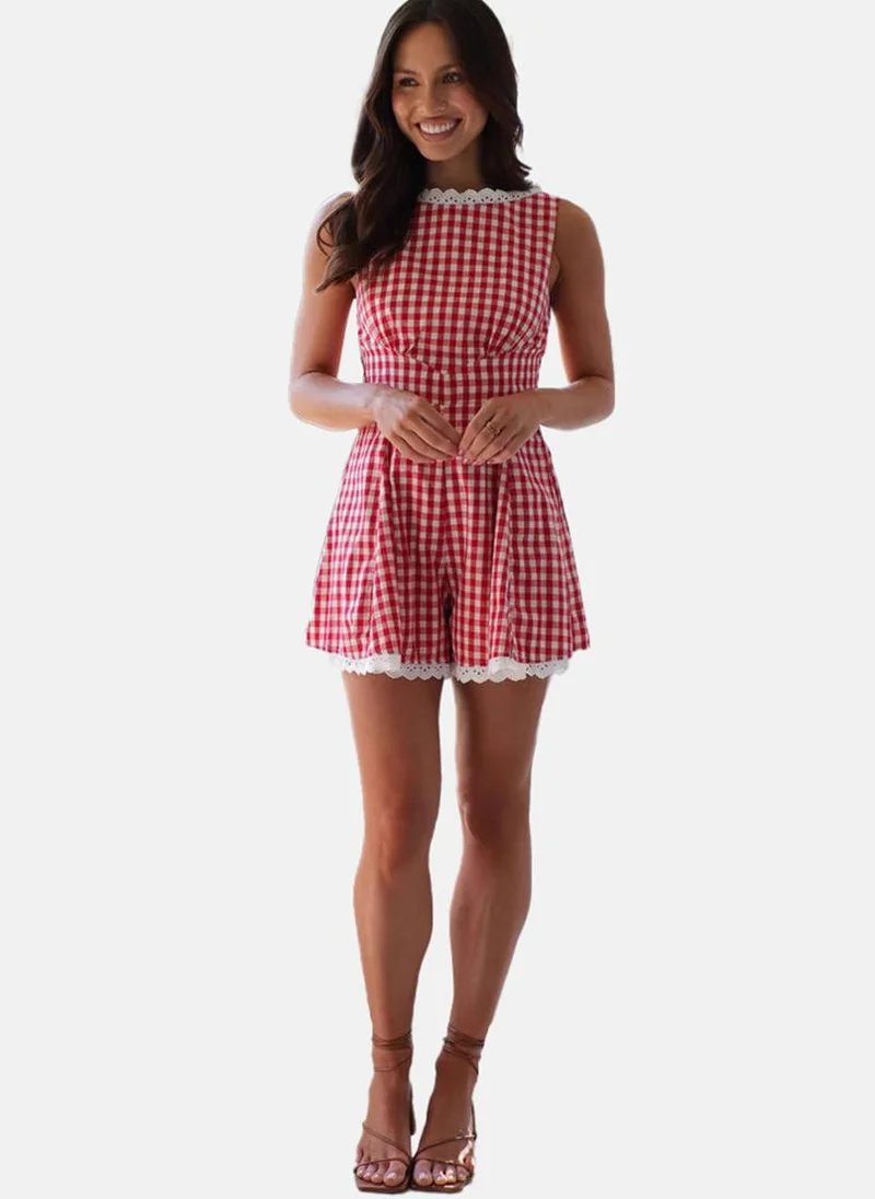 يونيكي Red Boat Neck Checkered Print Cropped Jumpsuit