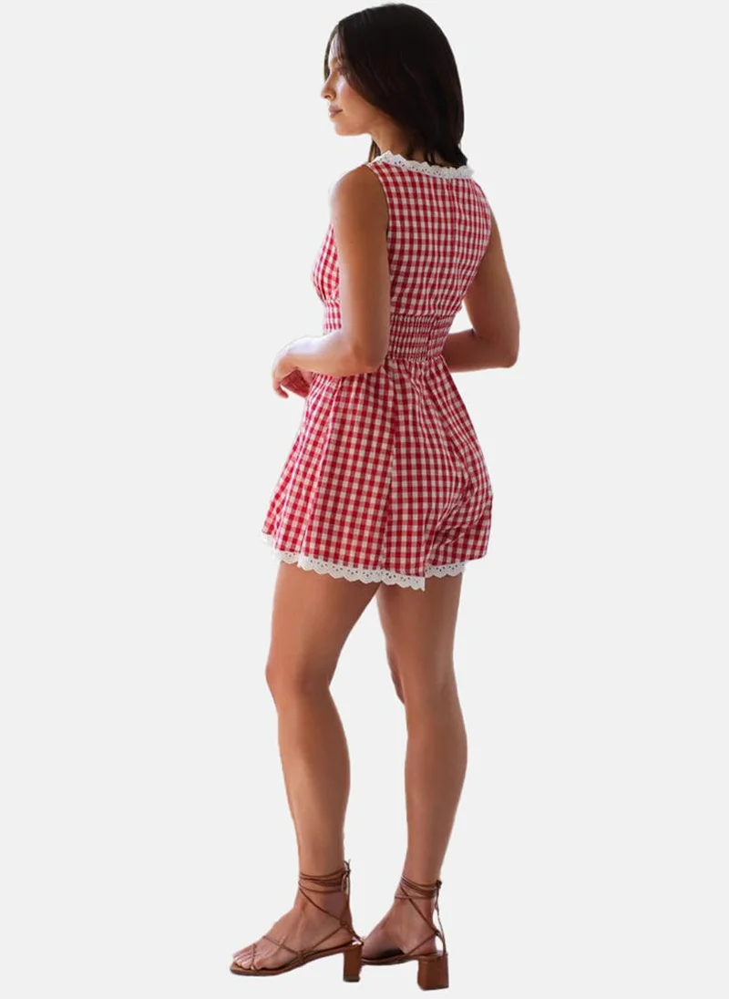 YUNIQEE Red Boat Neck Checkered Print Cropped Jumpsuit