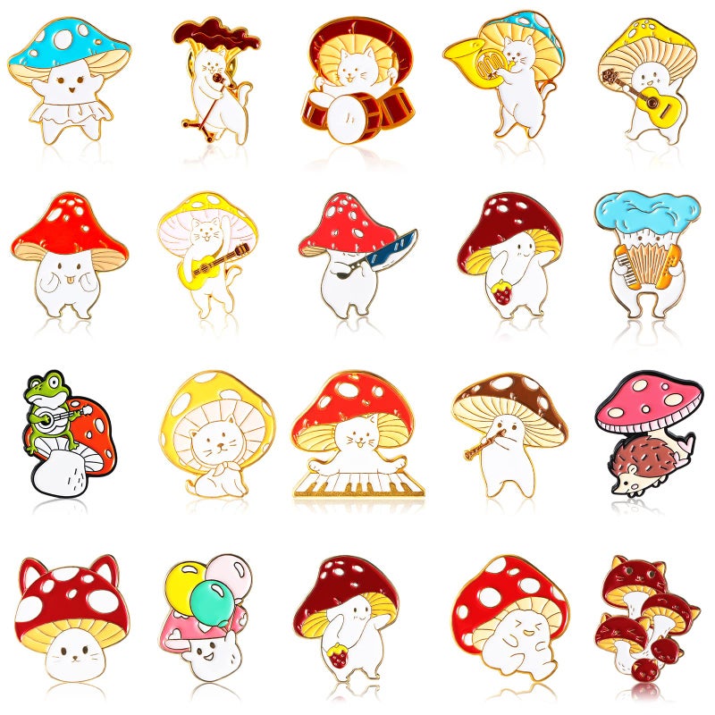Juinte 20 Pieces Christmas Mushroom Enamel Pins Brooches Cute Mushroom Lapel Pins Cartoon Lapel Badge Gifts with Guitar Frog Cat Hedgehog for Backpack Jackets Clothes Hats Accessories(Mushroom) - Image 1