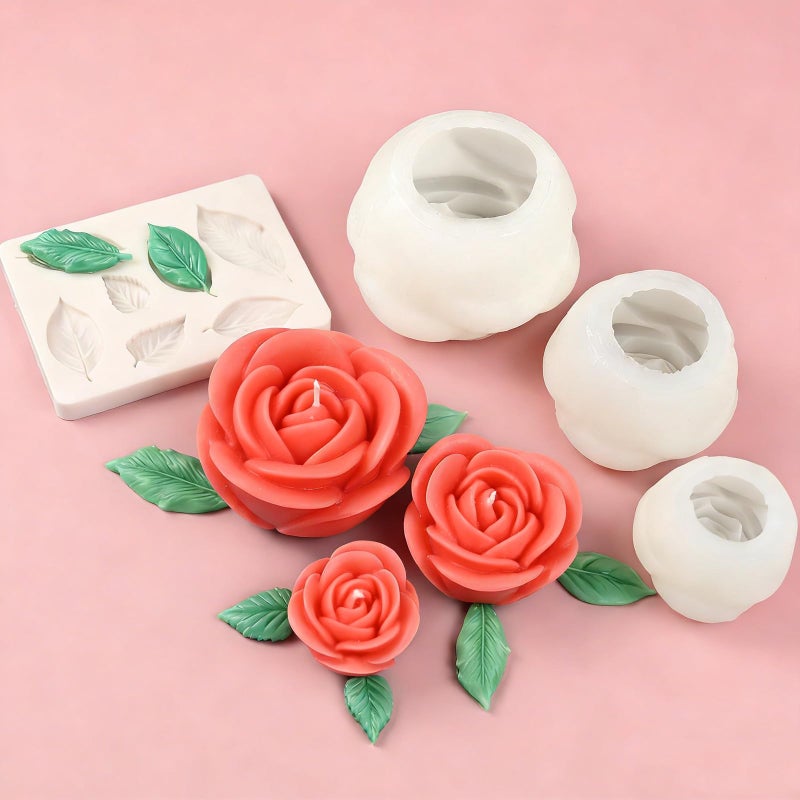 ZQYSING Rose Candle Molds, 4 Pcs Set of Large + Medium + Small 3D Rose Flower Silicone Molds with Leaf Mold for Candle Making, Epoxy Resin Casting, Handmade Soap Clay Plaster Home DÃ©cor Mom Gift - Image 5