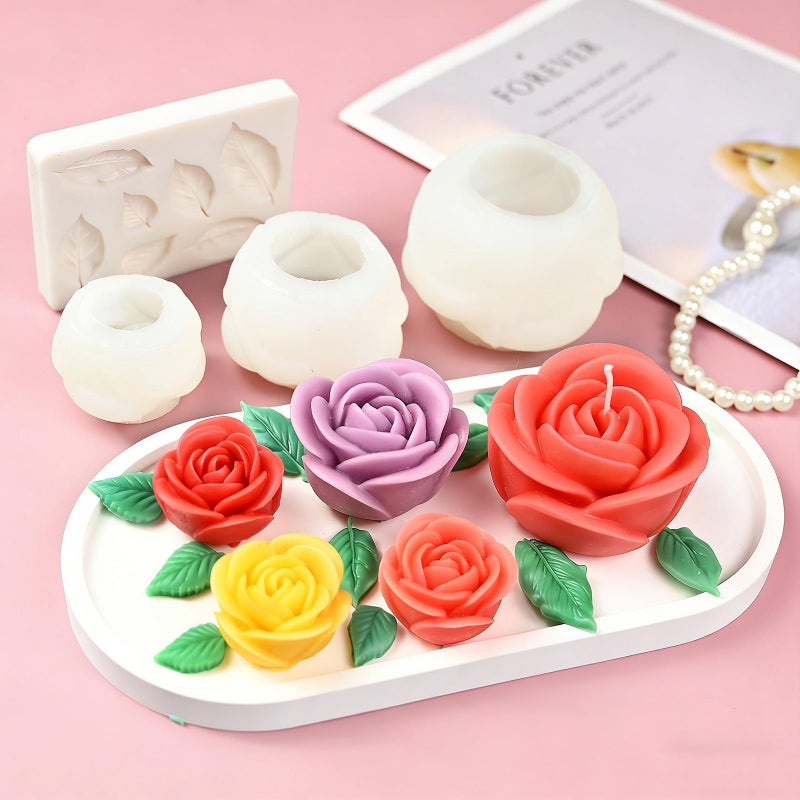 ZQYSING Rose Candle Molds, 4 Pcs Set of Large + Medium + Small 3D Rose Flower Silicone Molds with Leaf Mold for Candle Making, Epoxy Resin Casting, Handmade Soap Clay Plaster Home DÃ©cor Mom Gift - Image 3
