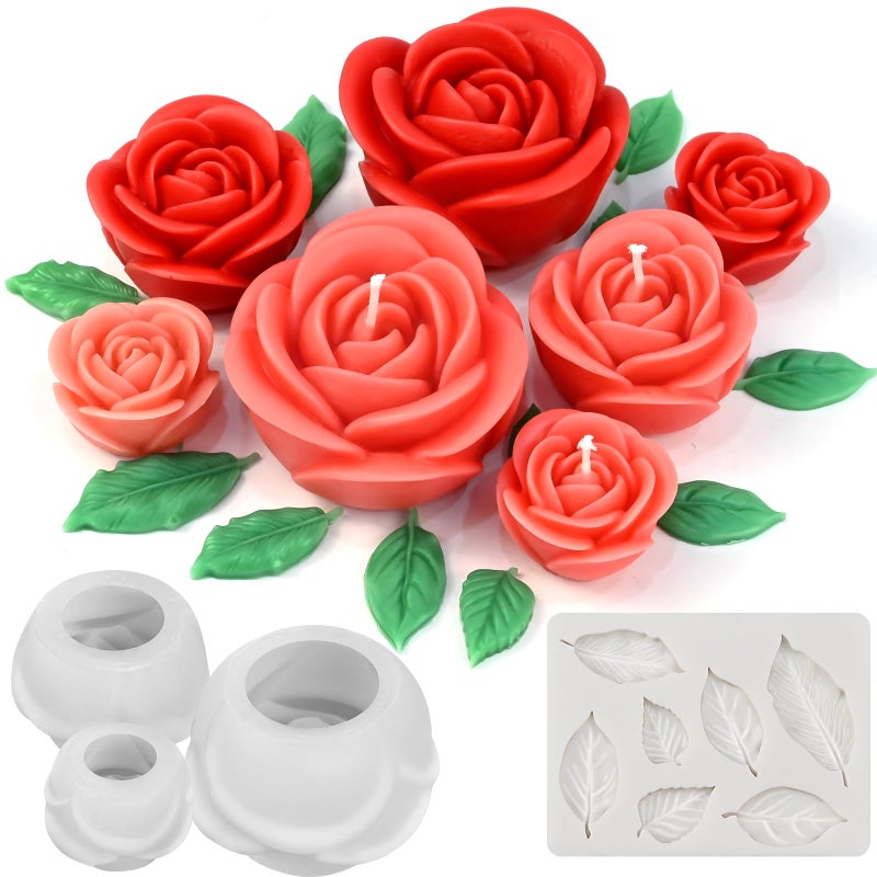 ZQYSING Rose Candle Molds, 4 Pcs Set of Large + Medium + Small 3D Rose Flower Silicone Molds with Leaf Mold for Candle Making, Epoxy Resin Casting, Handmade Soap Clay Plaster Home DÃ©cor Mom Gift - Image 1