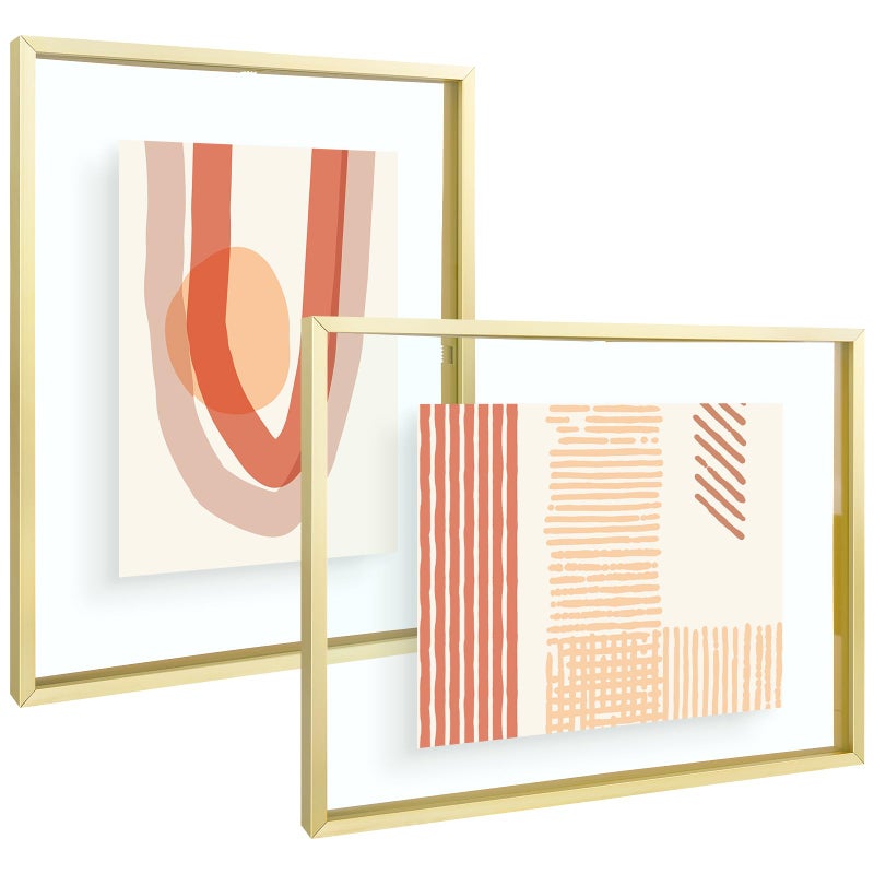 Frametory 11x14 Floating Picture Frame  Metal Photo Frame  Real Glass  for Wall Mount or Tabletop Displays Gold 2 Pack