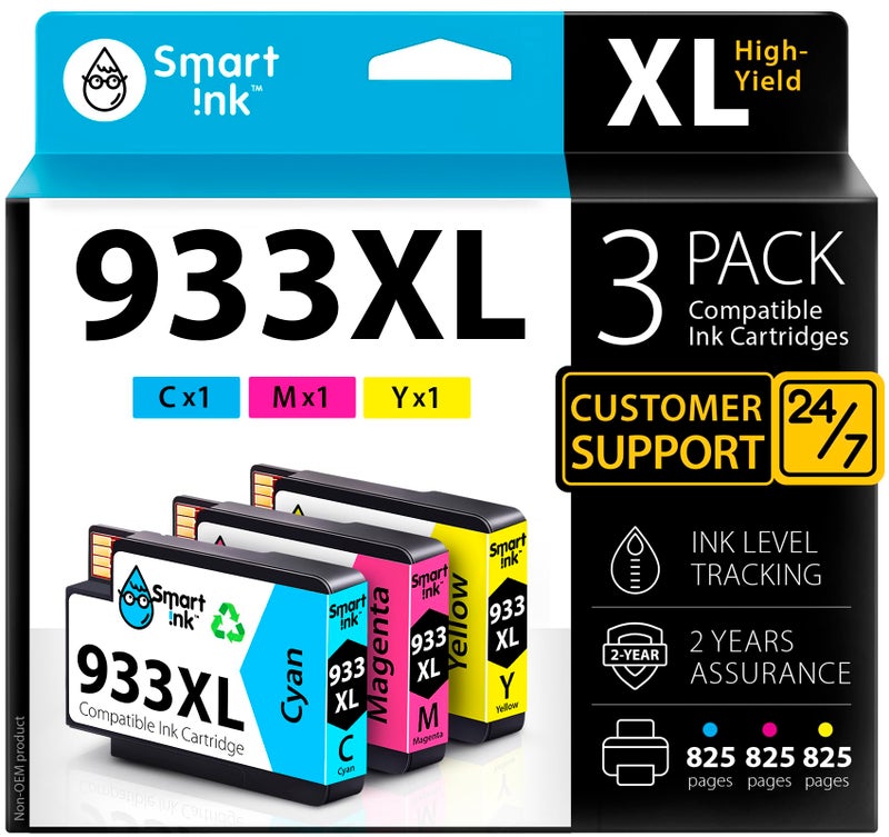 Smart Ink Compatible Ink Cartridges Replacement for HP 932XL 933XL 932 XL 933 XL (3 Combo Pack, Cyan/Magenta/Yellow) to use with HP Printer OfficeJet 6600 6700 7610 7612 6100 7510 7110 7620 - Image 1