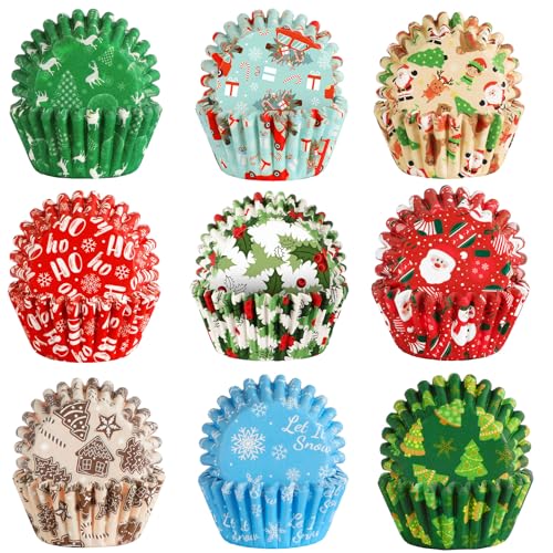 SANNIX 450pcs Christmas Cupcake Liners, Christmas Santa Claus Snowman Tree Baking Cups Cupcake Wrappers Paper Wraps Muffin Liners for Xmas Birthday Party Candy Cake Decorations Supplies(9 Designs) - Image 1