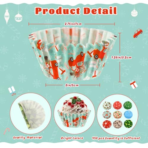 SANNIX 450pcs Christmas Cupcake Liners, Christmas Santa Claus Snowman Tree Baking Cups Cupcake Wrappers Paper Wraps Muffin Liners for Xmas Birthday Party Candy Cake Decorations Supplies(9 Designs) - Image 2