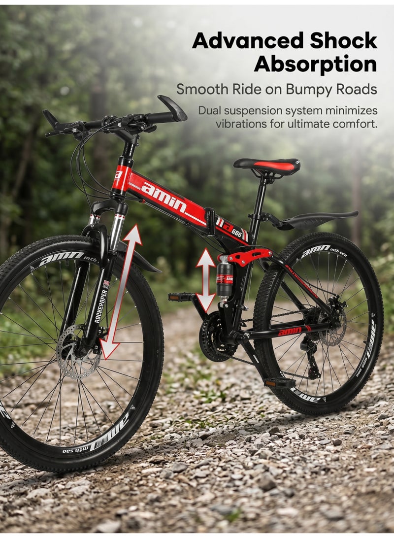 ETG 26 Inch Folding Mountain Bike, 21 Speed Full Suspension Bicycle with Shock Absorber, High-Carbon Steel Frame Foldable Bike for Adults - Image 3