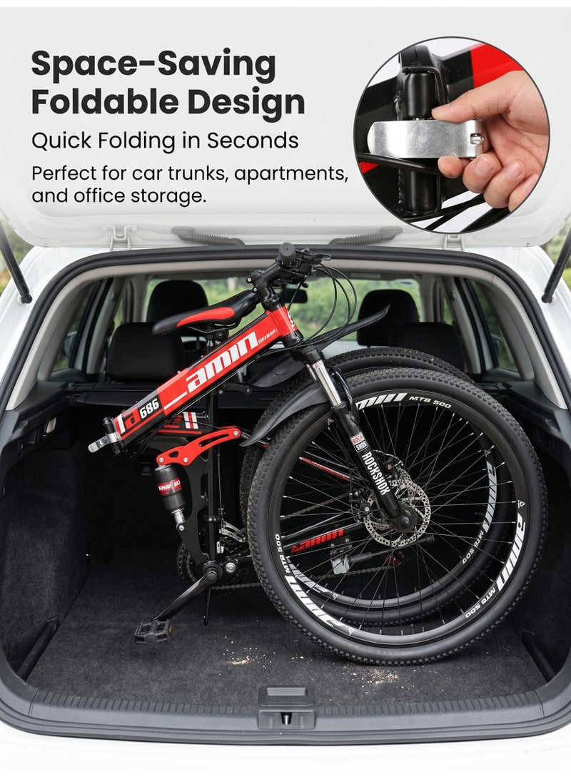 ETG 26 Inch Folding Mountain Bike, 21 Speed Full Suspension Bicycle with Shock Absorber, High-Carbon Steel Frame Foldable Bike for Adults - Image 5