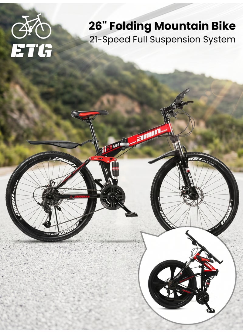 ETG 26 Inch Folding Mountain Bike, 21 Speed Full Suspension Bicycle with Shock Absorber, High-Carbon Steel Frame Foldable Bike for Adults - Image 1