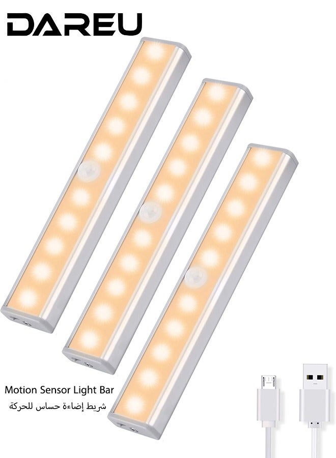 DAREU Motion Sensor Light Bar for Closet, Wardrobe & Room – Wireless LED Night Light, Battery Operated, 10 LEDs, Warm White, 3-Pack, Stick-on Anywhere, Auto On/Off - Image 1