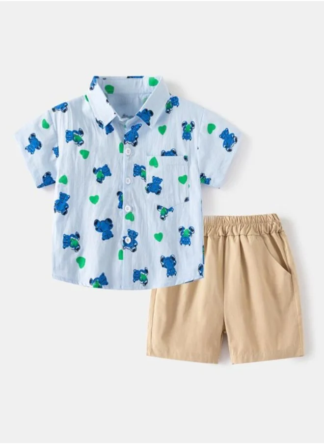 YUNIQEE Blue Collared Short Sleeve Printed Shirt & Shorts