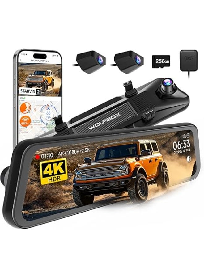 WOLFBOX G900 Tripro Bumper Version 3 Channel 4K Mirror Dash Cam, STARVIS 2 IMX678 Night Vision, 4K+2.5K+1080P Front and Rear Bumper Dash Cam, 5.8GHz WiFi, Voice Control, Includes 256GB Card & GPS - Image 1