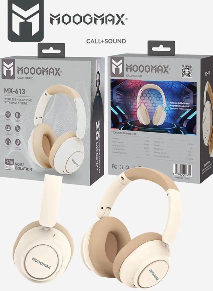 موج ماكس سماعة رأس لاسلكية Moogmax SoundVibe-S400 موديل MX-EP117 بلون بيج مع إلغاء الضوضاء الهجين وبطارية حتى 80 ساعة، سماعة بلوتوث، سماعة موسيقى، سماعة جوال، سماعة كمبيوتر، سماعة لابتوب، سماعة مريحة للأذن، سماعة عازلة للضوضاء، سماعة هاي فاي، سماعة سفر، هيدفون عملي للأجهزة الذكية والاستخدام اليومي - Image 1
