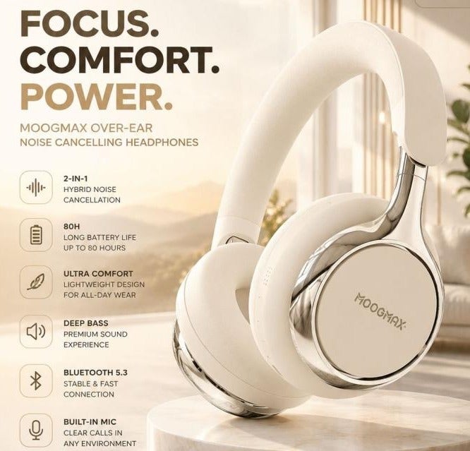 موج ماكس سماعة رأس لاسلكية Moogmax SoundVibe-S400 موديل MX-EP117 بلون بيج مع إلغاء الضوضاء الهجين وبطارية حتى 80 ساعة، سماعة بلوتوث، سماعة موسيقى، سماعة جوال، سماعة كمبيوتر، سماعة لابتوب، سماعة مريحة للأذن، سماعة عازلة للضوضاء، سماعة هاي فاي، سماعة سفر، هيدفون عملي للأجهزة الذكية والاستخدام اليومي - Image 4