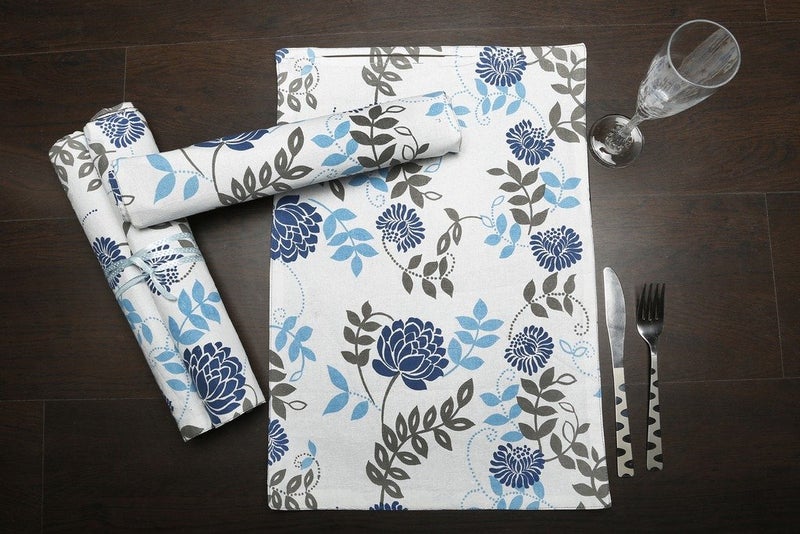 Dekor World Floral Printed Blue Rectangle Table Cover with Place Mat & Napkin (Pack of 25) 150X275 Cm / 60X108 Inches for 8 Seater Dinning Table - Image 4