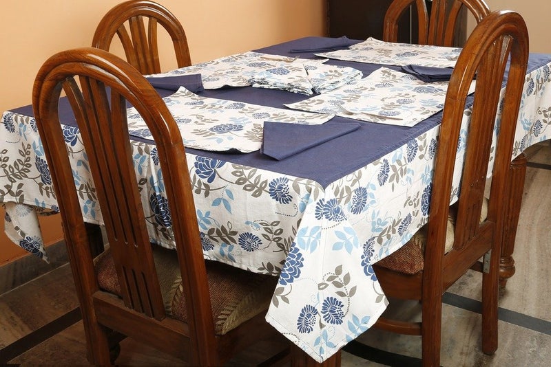 Dekor World Floral Printed Blue Rectangle Table Cover with Place Mat & Napkin (Pack of 25) 150X275 Cm / 60X108 Inches for 8 Seater Dinning Table - Image 1