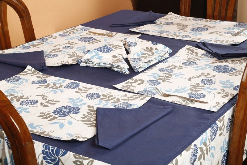 Dekor World Floral Printed Blue Rectangle Table Cover with Place Mat & Napkin (Pack of 25) 150X275 Cm / 60X108 Inches for 8 Seater Dinning Table - Image 2