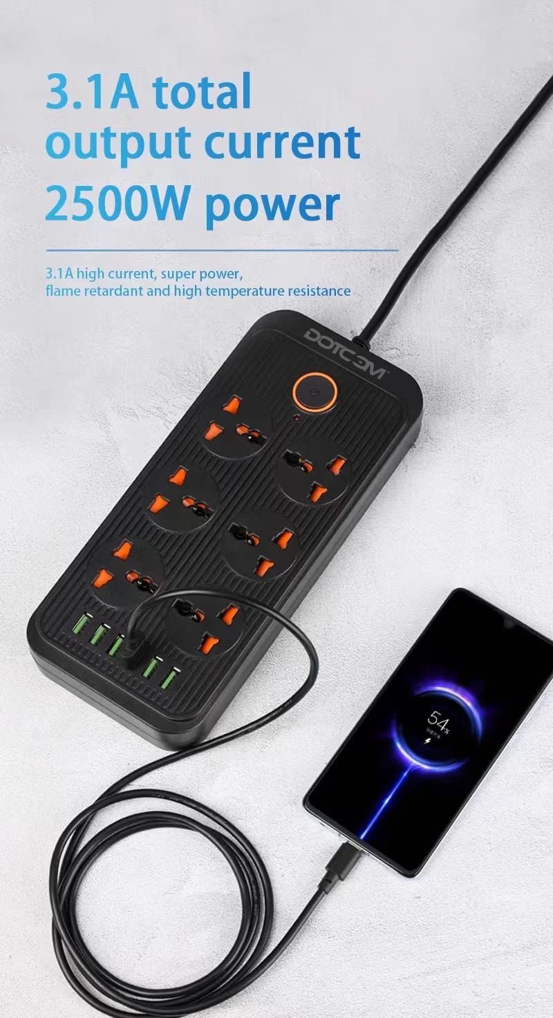 DOTCOM Power Plate 7 with 6 USB Port + 6 Power Sockets Smart Electric Universal Extension Board Multi Plug with 2500W, 2Mtr Cord Length, 2.1A USB Output(Black) - Image 4